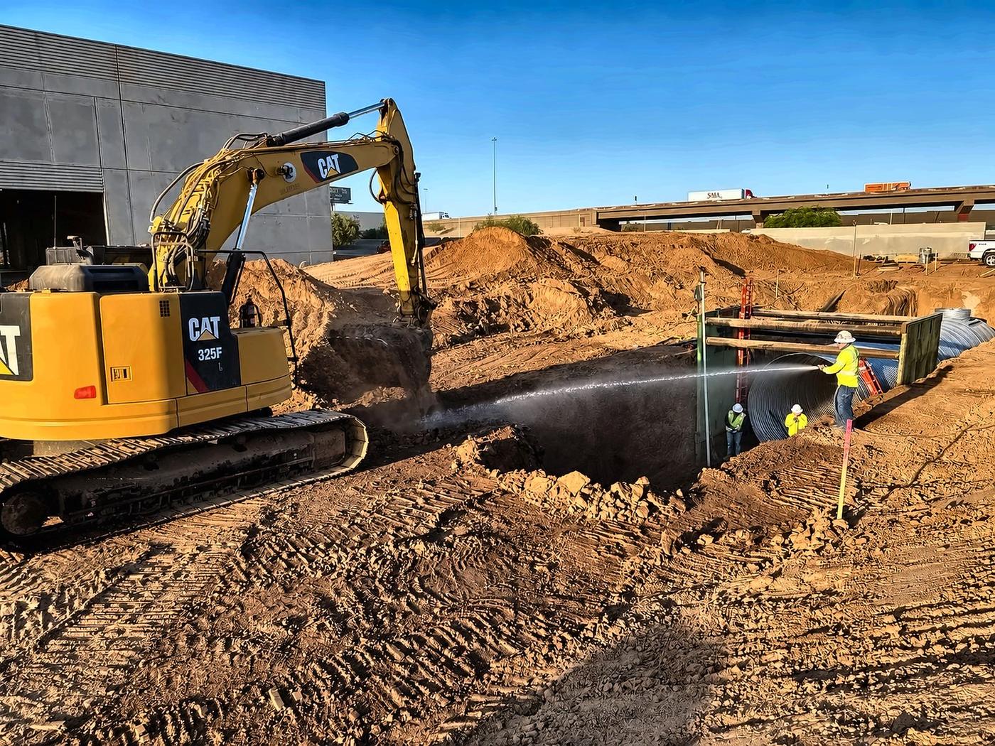 Deep excavation — dust control in action